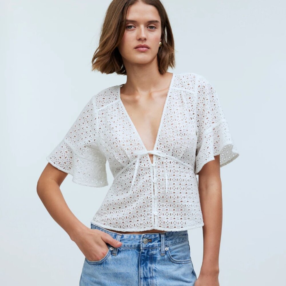 Madewell Tie-Front Top in Eyelet Blouse — White — Size Medium